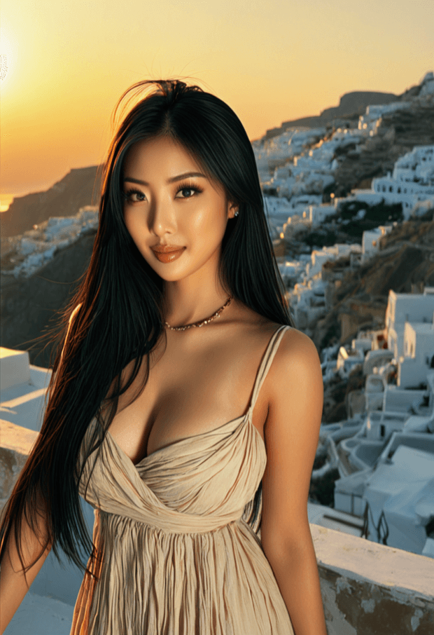 Mia at golden hour with long black hair, looking at the camera